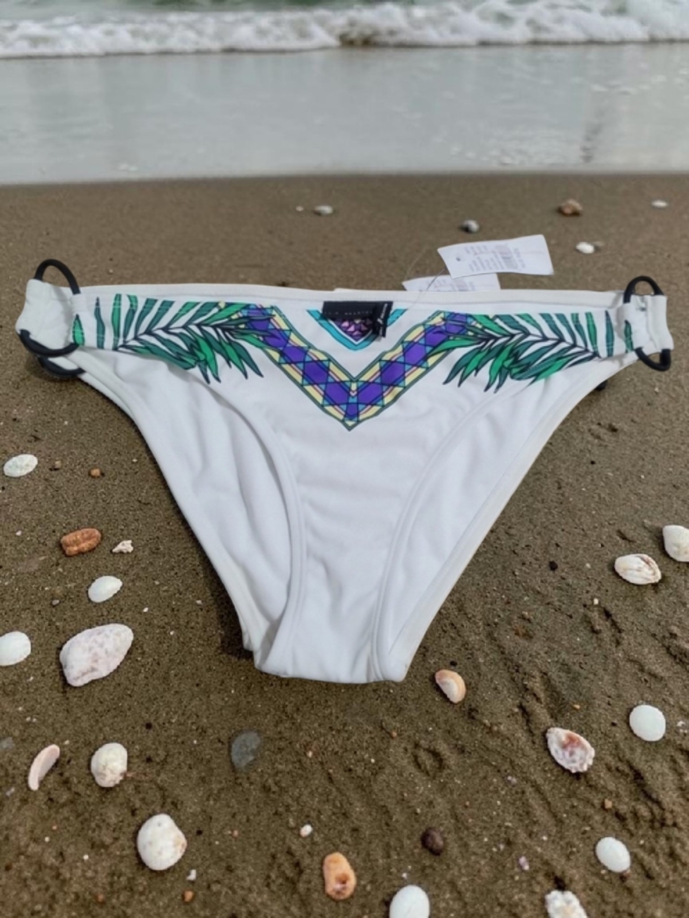 LA Hearts - XL White Bikini Bottom with Green Leaf & Purple Accent